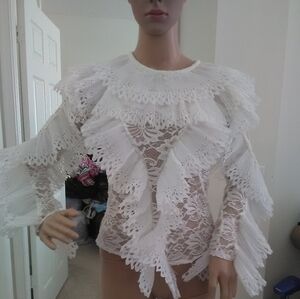 UNBELIEVABLE TOP BY WHY NWOT Elegant White Lace Frill Blouse MESH SHEER SZ SM